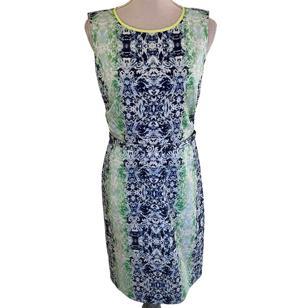 T Tahari Blue/White/Green Print Sleeveless Stretch Cotton Sheath Dress 8